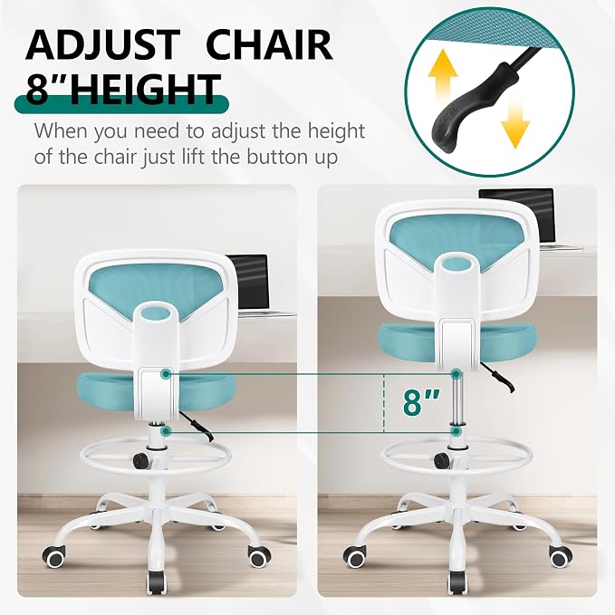 Armless Tall Desk Chair, Adjustable Height and Footring, Low-Back Ergonomic Standing Desk Chair Mesh Rolling Tall Chair for Art Room, Office or Home (Teal) - Image 6