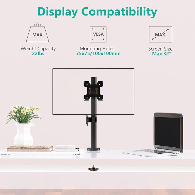 WALI Single Monitor Mount, Vesa Monitor Arm for 13-32 inch, up to 22lbs | Adjustable Monitor Mount for Desk, Full Motion with Tilt, Swivel, Rotation, C-Clamp/Grommet Mounting, VESA 75/100mm (M001S) - Image 4