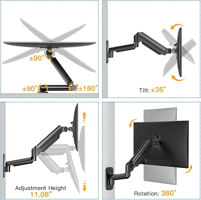 HUANUO Single Monitor Wall Mount for 13 to 32 Inch Computer Screen, Gaming Monitor Wall Mount Arm Holds up to 17.6lbs, Height Adjustable Full Motion Wall Monitor Mount-VESA Mount 75x75,100x100 - Image 4