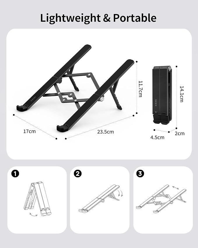 2025 Foldable Laptop Stand for Desk - Bi-fold Ergonomic Spring Adjustable Computer Holder, 3 in 1 Metal Portable Laptop Stand for Notebook, Phone, Tablet,10-16", Desk & Travel Use - Image 9