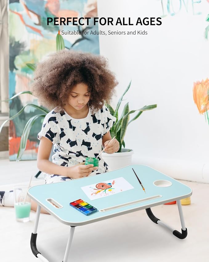 FISYOD Foldable Laptop Table, Portable Lap Desk Bed Table Tray, Laptop Stand with Cup Holder & Tablet Slot & Lifting Handle for Working Writing Drawing & Eating (Blue) - Image 3