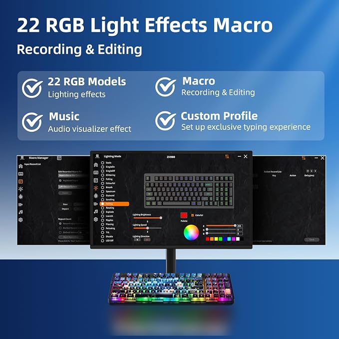 ZORNHER ZH980 Mechanical Keyboard,95% Blue Creamy Keyboard with Number Pad,Van Gogh's Starry Night Dye Sublimation PBT Keycaps,Creamy Sounding Linear Switches,Hot-Swappable,RGB Backlit - Image 7