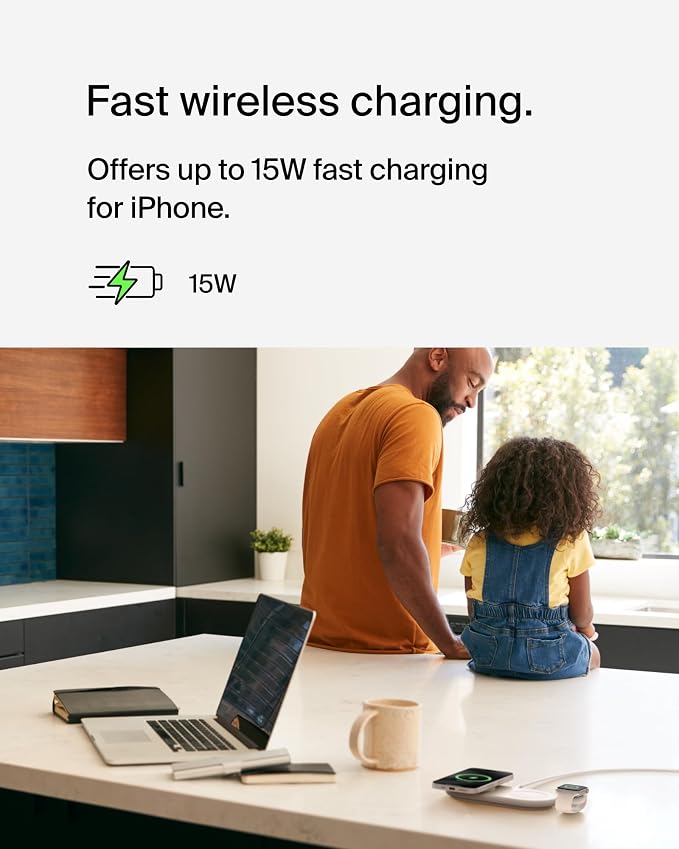 Belkin Qi2 15W Magnetic Wireless Charging Pad, 3 in 1 Fast Charger | MagSafe compatible, iPhone 17/16/15, AirPods, Apple Watch compatible, multi-device charging station, Magnetic - Image 2