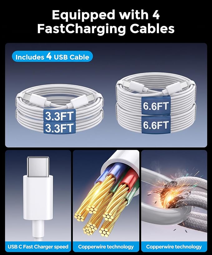 USB C Charging Station 10 Port with 4 Cables,245W GaN Charger Block | Type C Wall Charger Power Strip Adapter Plug for iPad iPhone17 16 15 14 13 12 Pro Max Pixel Note Galaxy White - Image 5