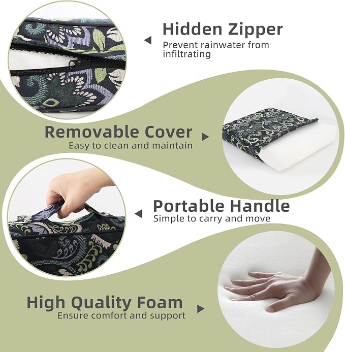 Favoyard Outdoor Deep Seat Patio Cushions Set, 24" x 24", Rainproof, Garden | Fade Resistant, Removable Bottom & Back Cushion, Tie Straps for Patio Furniture, Rocking Chair, Sofa Couch, Green Floral - Image 4