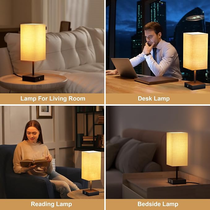 Bedside Table Lamp for Bedroom with 2 USB Ports, 14-Inch, Beige | USB A+C Ports, Touch 3-Way Dimmable LED Bulb Included Fabric Lampshade Metal Base Small Nightstand Lamp for Desk Living Room - Image 6