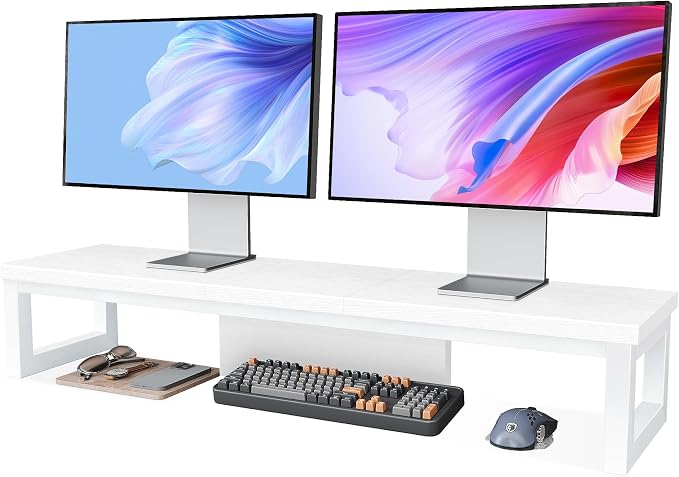 Dual Monitor Stand Riser, Large Computer Monitor Stand for 2 Monitors, Multi-Purpose Desk Organizers and Accessories, Wood and Steel Desk Shelf for Computer, Laptop, Printer, TV, White by Unknown