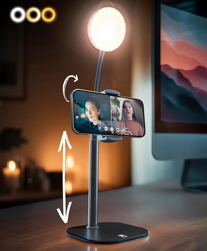 COOPER ChatStand Halo Sturdy Phone Stand for Recording with Light for Desk | 9-13" Adjustable, Weighted Base, iPhone Stand & Phone Holder, Ring Light Tripod for Video Recording, Filming, Fits all Phones - Image 2