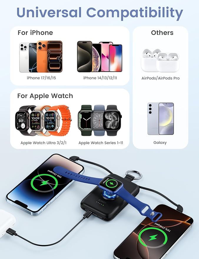 RORRY CharmGo Portable Charger, 10000mAh 20W Fast Charging Power Bank | Built-in Cables, Travel Keychain Battery Pack Essentions for Apple Watch 1~11 Series/Ultra/SE & iPhone Air/17/16/15/14/13/12 - Image 6