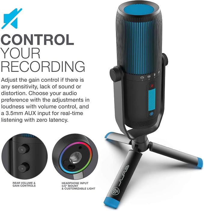 JLab Talk Pro USB Microphone, USB-C Output, Cardioid, Omnidirectional, Stereo, Bidirectional, 192k Sample Rate, 20Hz-20kHz Frequency Response, Volume, Gain Control, Quick Mute, Plug & Play - Image 5