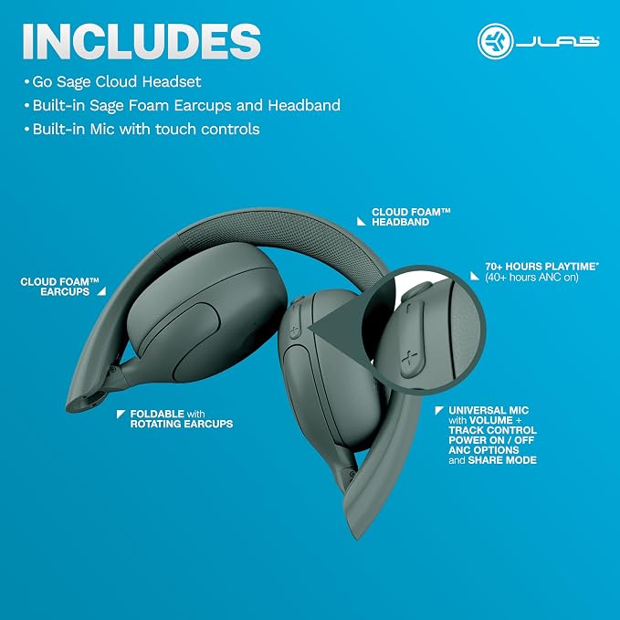 JLab Go Lux ANC, On Ear Headphones, Active Noise Cancelling, Bluetooth, MultIPoint Connection, Sage | On Ear Wireless with Microphone, 70+ H Playtime Foldable Bluetooth Earphones, Multipoint, Customisable Sound - Image 7