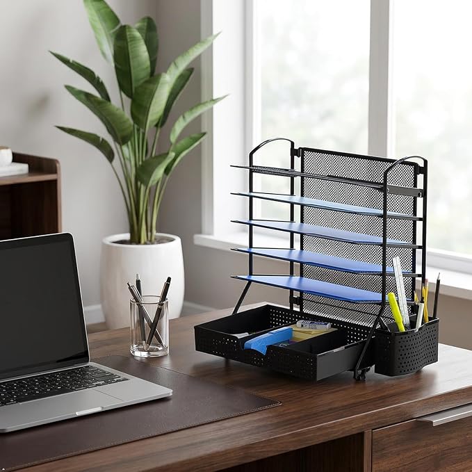 Simple Houseware 6-Tier Desk File Organizer w/Drawer & Pen Holder, Black | 5 Tilted Letter Trays for A4 Paper, Mail and Documents - Image 10