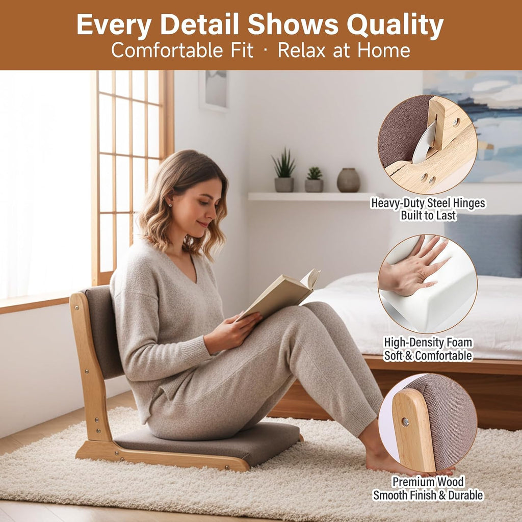 Tiita 2-Pack Foldable Meditation Floor Chairs with Back Support, Wood Grey - Image 4