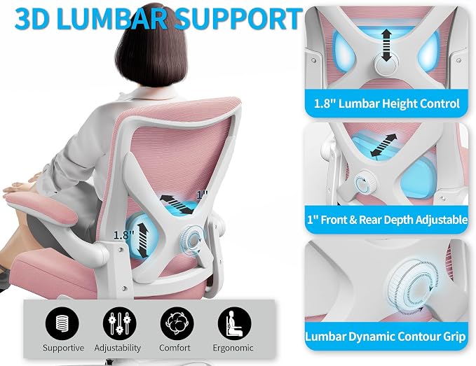 Office Chair: 330LBS Mesh Ergonomic Desk Chair Comfy with 3D Lumbar& Swivel | Ergalithic Computer Chair-Executive Task Work Chairs with Flip-up Arm Home Office Desk Chairs Gaming Chair for Adults(Pink) - Image 5