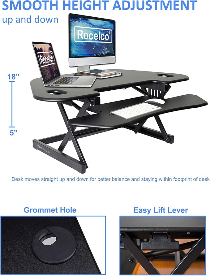 Rocelco 46" Height Adjustable Corner Standing Desk Converter with Anti Fatigue Mat BUNDLE, Quick Sit Standup Dual Monitor Riser, Computer Workstation-Keyboard Tray, (R CADRB-46-MAFM), Black - Image 4