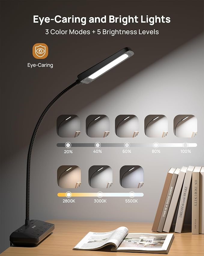 TROND LED Desk Lamp with Clamp Power Strip, 6ft Flat Plug Extension Cord | Eye Caring Desk Light with 4 Surge Protector Outlet, 15 Lighting Mode, Gooseneck for Home Office College Dorm Room Essentials - Image 3