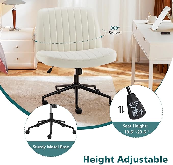 OLIXIS Criss Cross Chair with Wheels, Vanity Chair, Home Office Desk | Wide Seat Armless, Faux Leather, Height Adjustable Swivel Rolling, Home Computer Task Seating for Bedroom Study, Beige PU - Image 5