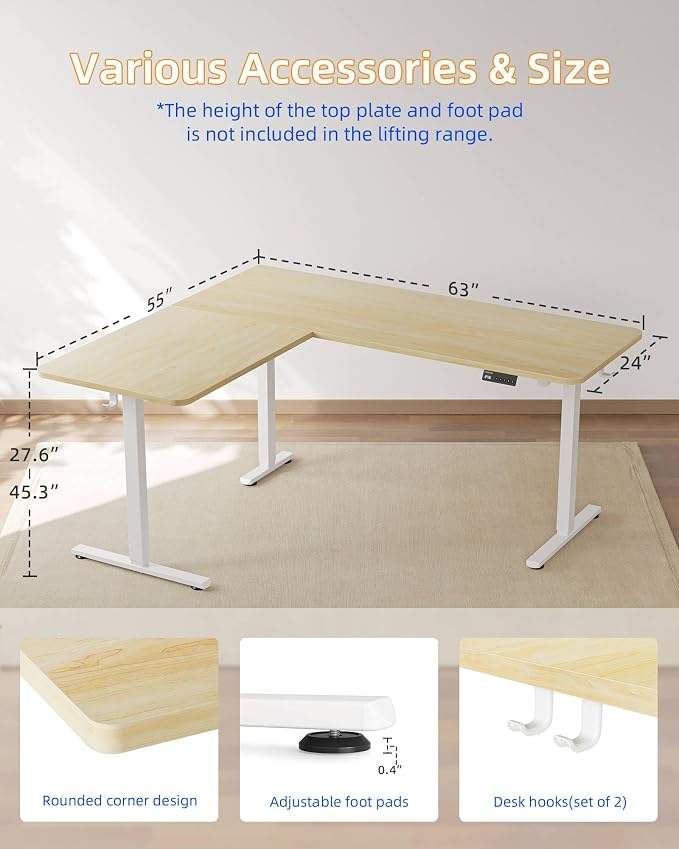 YIHAYO L Shaped Standing Desk Adjustable Height, 63 x 55 Inches Electric Corner Standing Desk with Splice Board, Computer Desk for Home Office, Natural - Image 6