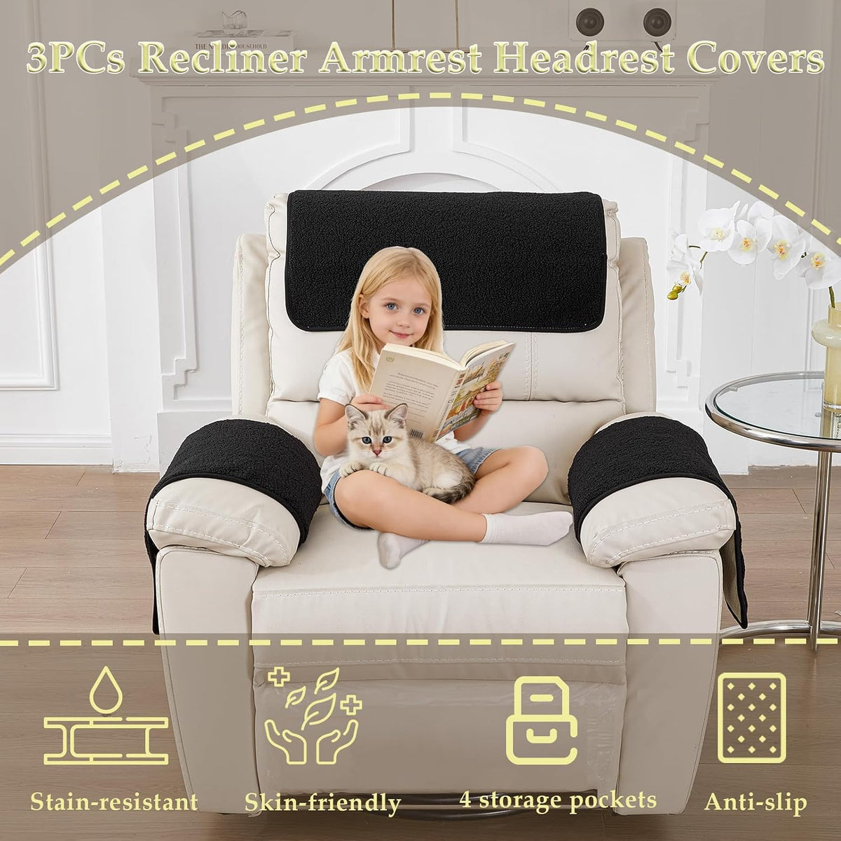 Armrest Covers for Recliner set of 3 Couch Arm Covers with Pockets for Sofa - Image 2
