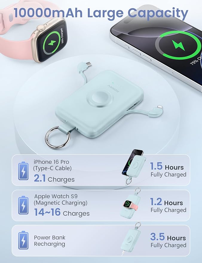 RORRY CharmGo Portable Charger, 10000mAh 20W Fast Charging Power Bank | Built-in Cables, Travel Keychain Battery Pack Essentions for Apple Watch 1~11 Series/Ultra/SE & iPhone Air/17/16/15/14/13/12 - Image 5