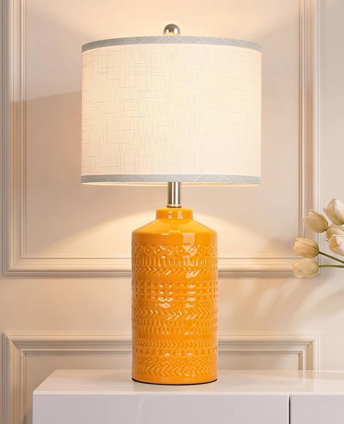 JUNNAI 25" Modern Orange Ceramic Table Lamp for Living Room Nightstand 3-Way Dimmable Farmhouse Lamp for Bedroom Bedside Entryway Tabletop Office with White Slub Fabric Lampshade (Bulb Included) by JUNNAI
