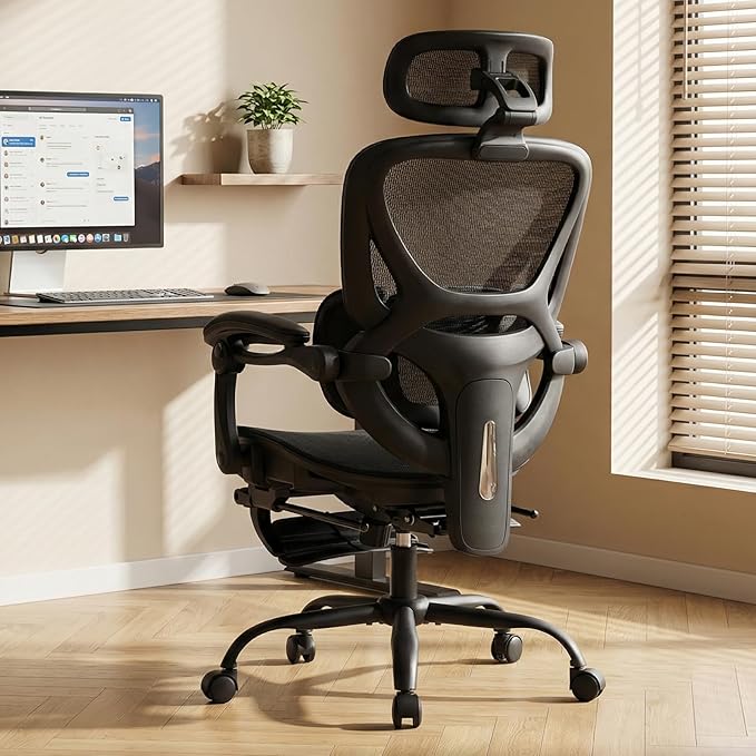 MALOL Ergonomic Mesh Office Chair with Footrest, Executive High Back Computer Desk Chair with 3D Adjustable Headrest & 5-Level Lumbar Support, Reclining Tilt Lock, 3D Arms, 300LBS Capacity, Black - Image 2