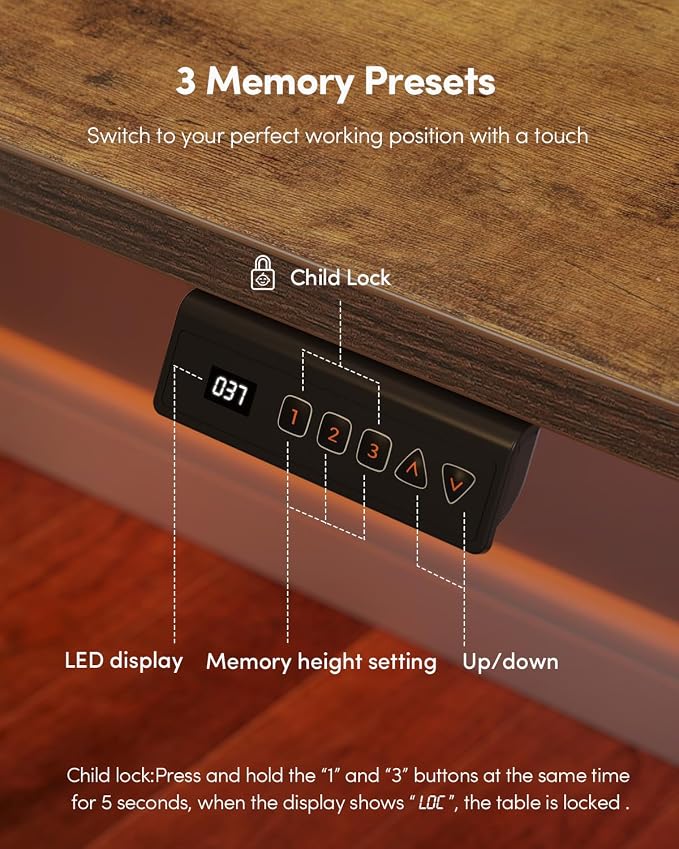 CubiCubi 48 x 24 One-Piece Electric Adjustable Standing Desk, Vintage Brown | Height Adjustable Electric Large Computer Home Office Sit Stand up Workstation, with Memory Presets, Headphone Hook - Image 9