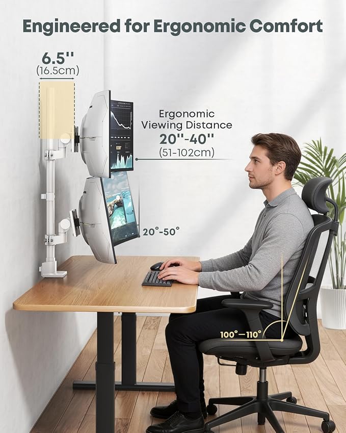 Dual Ultrawide Monitor Mount for 24-57'' Screens, Max Load 59.4 lbs per Arm | Vertically Stacked, Heavy Duty, Aluminum, Fully Adjustable, Topside Clamp/Grommet Mounting, VESA 75/100 mm, White - Image 4