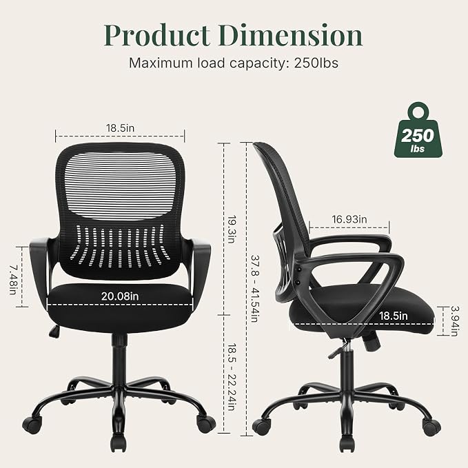 Home Office Desk Chair, Lumbar Support, Mesh Back Computer Chair | Height Adjustable, Mesh Mid-Back, Ergonomic Task Gaming Chair with 360° Swivel Wheels, Lumbar Support, Black - Image 2