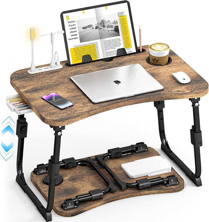 Lap Desk for Bed Adjustable Height, Foldable Bed Table with Storage Drawer, Tablet Slot & Cup Holder, Portable Laptop Stand for Bed & Sofa, Bed Desk for Adults & Kids, Carbonized by OPKING