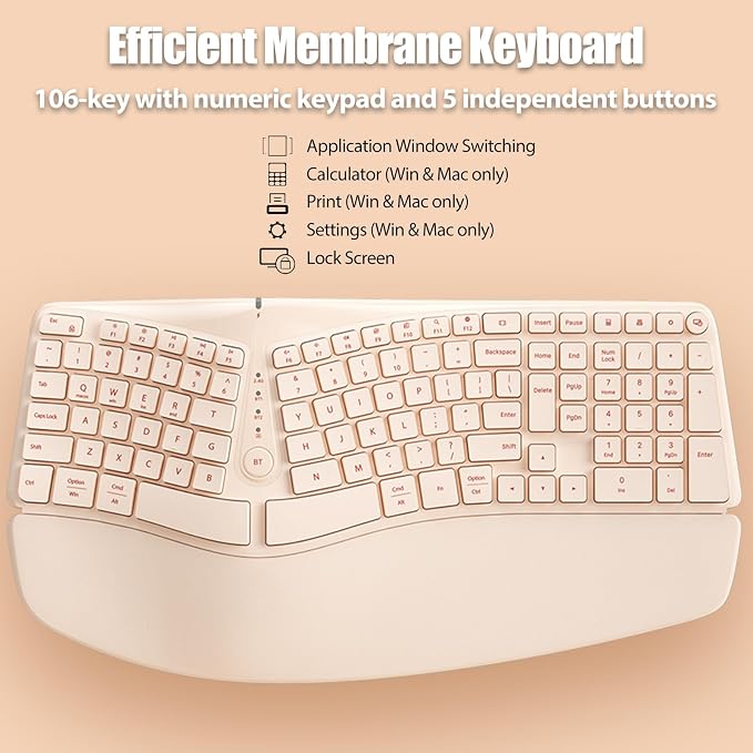 Split Ergonomic Keyboard Wireless with Cushioned Wrist & Palm Rest | Wireless 2.4G/Bluetooth/Wired USB-C, Comfortable Natural Typing, Compatible with Windows/Mac/PC/Laptop, Milk Tea - Image 5