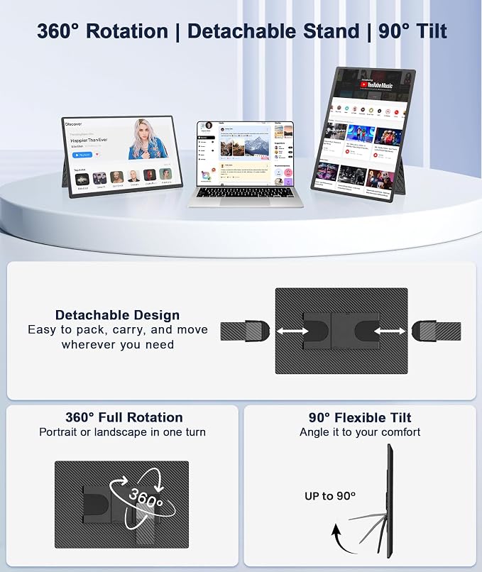 16" Laptop Screen Extender, 1920x1200 IPS Portable Monitor | Borderless Dual Screen Extender, 360° Rotatable Stand, One-Cable Plug &Play, Ultra Slim Travel Monitor for PC/Wins/Switch/PS5 - Image 6
