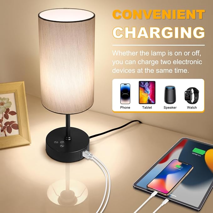 Table Lamp for Bedroom, 3 Color Temperatures, 7 RGB Colors, Adjustable Brightness, Dual USB Charging Ports, Ambience Nightstand Light with Grey Shade, Desk Lamp for Kids Reading Home Office - Image 7