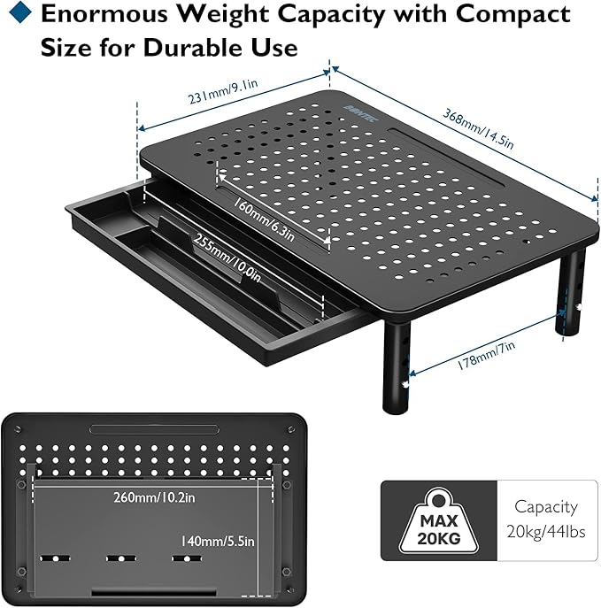 BONTEC 2 Pack Adjustable Monitor Stand Riser with Drawer, Supports 44lbs | Ergonomic Mesh Platform for Desk, Ventilated Laptop and PC Use with Cable Management for a Cooler, Organized Workspace - Image 5