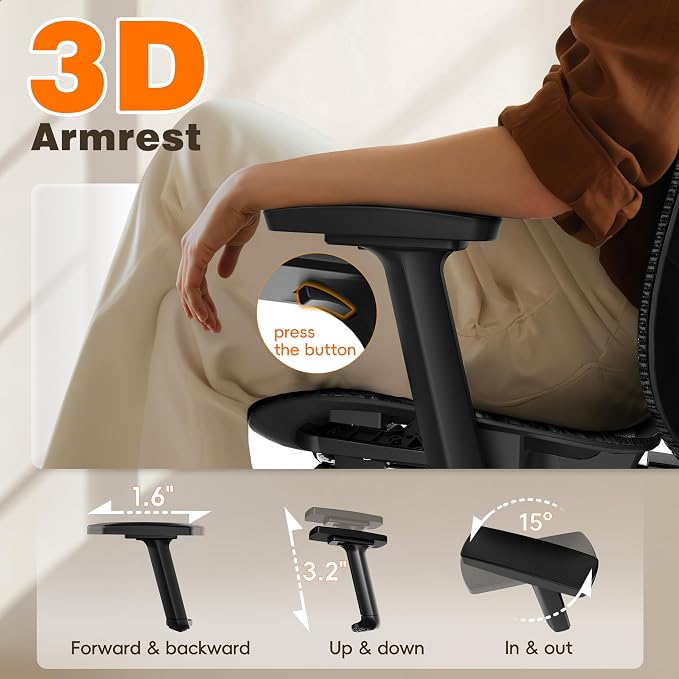 Ergonomic Office Chair with Footrest, 135° Reclining Desk Chair with Adjustable Lumbar Support,3D Armrest,Headrest & Large Steel Base, 300LBS Heavy Duty Mesh Chair - Image 6
