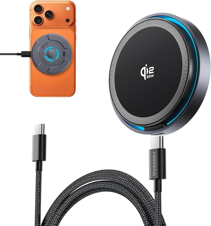 Qi2.2 25W Magnetic Wireless Charger, for iPhone 17-12 and AirPods | Fast Wireless Charging Pads with Cooling Fan, 6.6 ft Cables, for Travel, Desk and Nightstand by THREEKEY