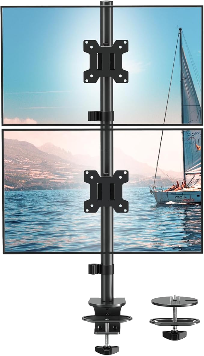 Stable Vertical Dual Monitor Stand, Stacked Monitor Mount for 2 Screens Up to 32 inch, Full Motion Monitor Desk Mount with Swivel, Tilt, Rotation, Holds 17.6 lbs Each, Max VESA 100x100mm by Unknown