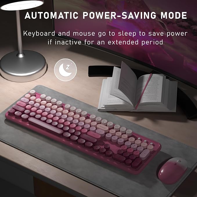 Links9+ Colorful Wireless Keyboard and Mouse Combo (Dark Pink Gradient) | Full-Size Retro Typewriter Style Keyboard with Vintage Round Keycaps, 2.4G Wireless Set for Windows, Mac, Laptop, PC, Desktop - Image 4