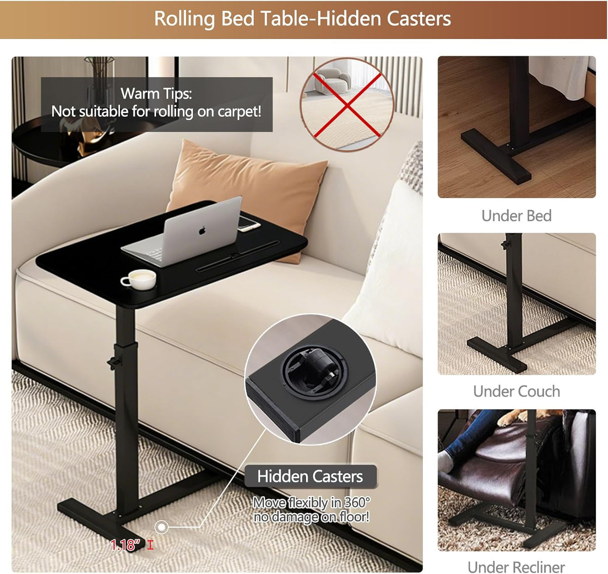Over the Bed Table with Hidden Wheels,Height Adjustable Bedside Table Tray - Image 4
