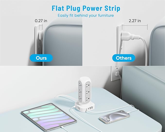 Flat Plug Power Strip Tower, TenTrend 40W Total Fast Charging Station, 15FT | 12 AC Outlets & 8 USB Ports (4 USB C), Dual PD 20W, 10FT Extension Cord for Desk Office Dorm Room - Image 4