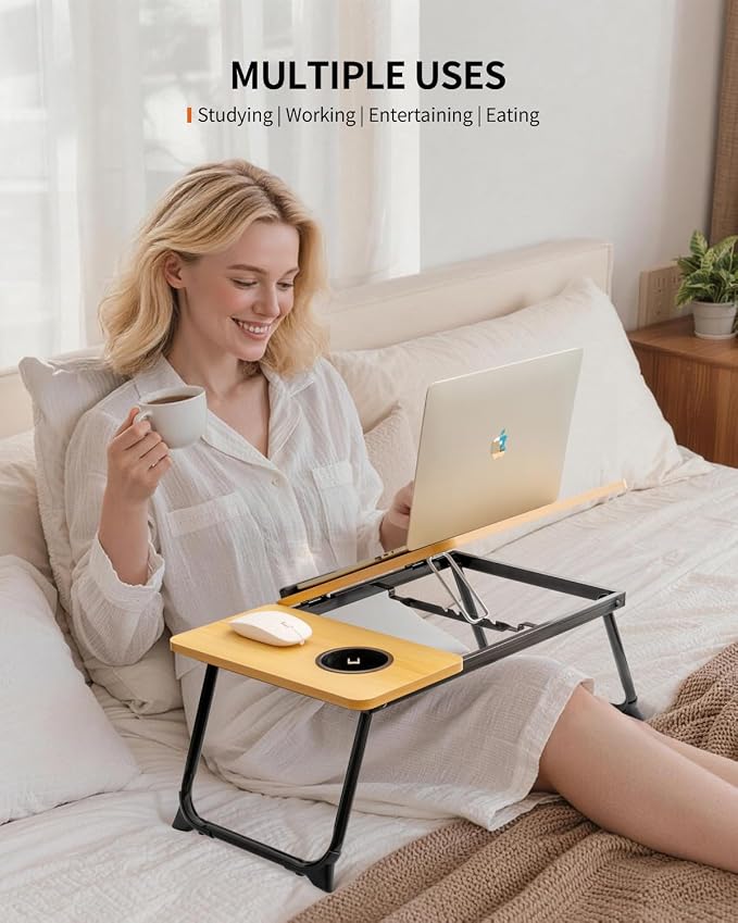 FISYOD Foldable Laptop Desk for Bed Couch, Adjustable Split Lap Desk with Cup Holder, Portable Lightweight Bed Table Tray, Heavy-Duty Laptop Stand for Working, Writing, Reading and Eating - Oak - Image 4