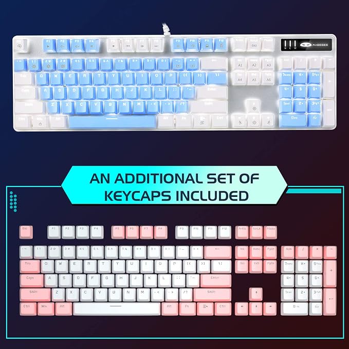 MageGee Mechanical Gaming Keyboard, 104 Keys White Backlit Mechanical Keyboards with Red Switches & Double-Shot Keycaps, Wired Ergonomic Computer Keyboard for Desktop, PC Gamers (White & Blue) - Image 2
