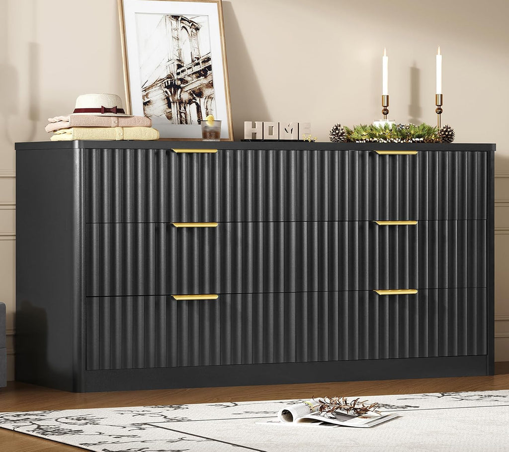 Fluted 6 Drawer Dresser for Bedroom, Wide Modern Chest of Drawers with Metal Handle, Curved Profile Design, Wood Closet Clothes Storage Organizer for Bedroom, Living Room, Hallway, Black by TEENFON