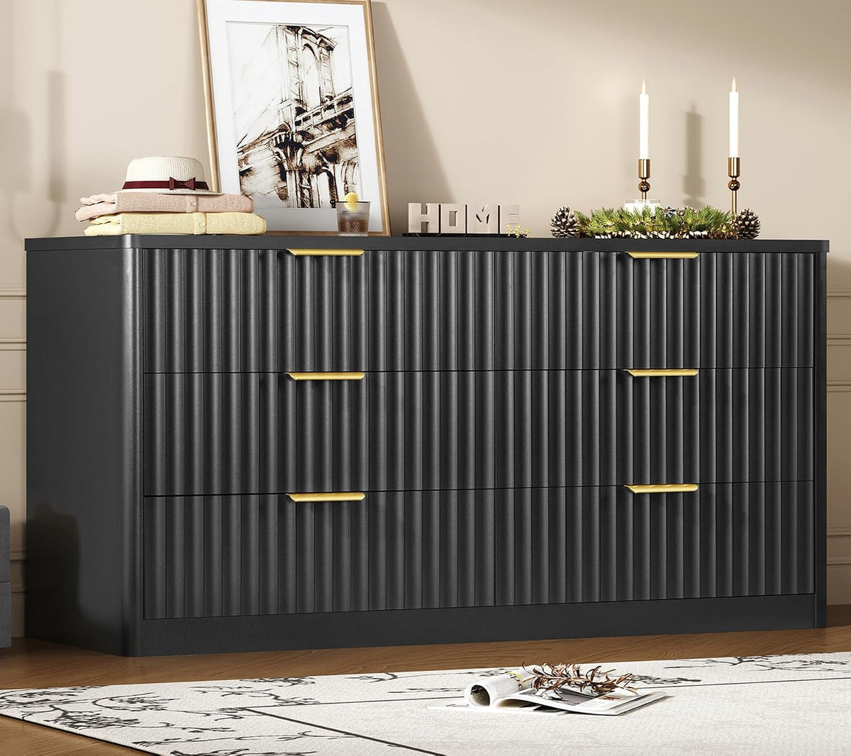 Fluted 6 Drawer Dresser for Bedroom, Wide Modern Chest of Drawers with Metal Handle, Curved Profile Design, Wood Closet Clothes Storage Organizer for Bedroom, Living Room, Hallway, Black by TEENFON