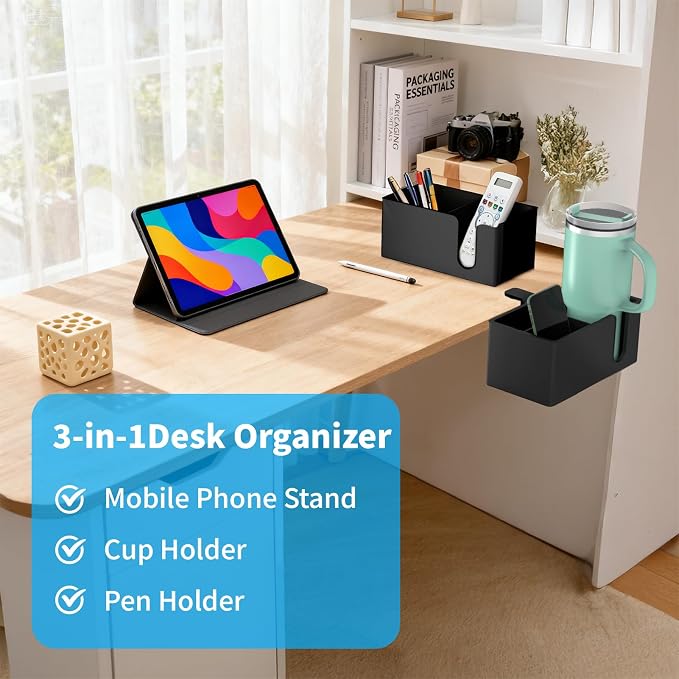 OOKUU 3-in-1 Desk Organizer - Large Desk Cup Holder Clamp, Pencil Holder and Phone Stand - Detachable Anti-Spill Table Cup Holder, Office & PC Gaming Desk Accessories for Cup, Phone and Pen (Black) - Image 3