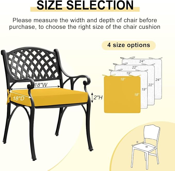 downluxe Waterproof Outdoor Chair Cushions for Patio Furniture, 18" x 18" x 2" Patio Chair Cushion with Adjustable Ties & Portable Handle, Square Outdoor Cushion with Removable Cover, Yellow, 2 Pack - Image 6