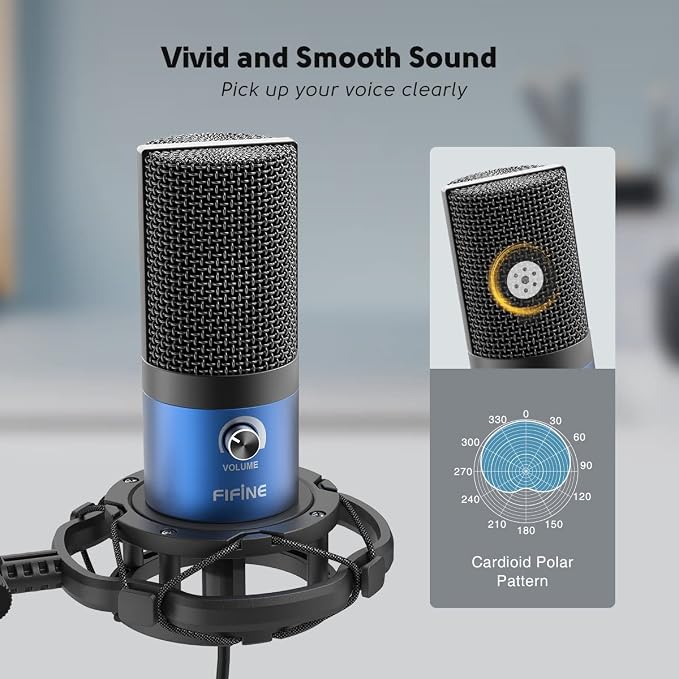 FIFINE T669 Blue USB PC Microphone Kit for Recording/Podcasting | Computer Condenser Cardioid Mic, Gain Knob, Arm Stand, Mac Windows PS4/PS5, Streaming, Gaming, Video, Home Studio - Image 2