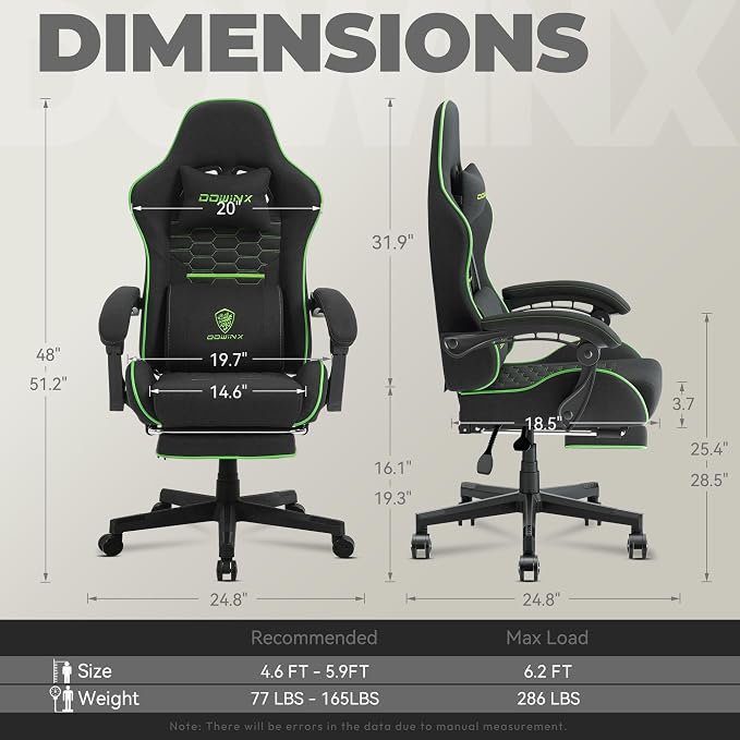 Dowinx Gaming Chair Fabric with Pocket Spring Cushion, Massage Game Chair Cloth with Headrest, Ergonomic Computer Chair with Footrest 290LBS, Black Green - Image 3