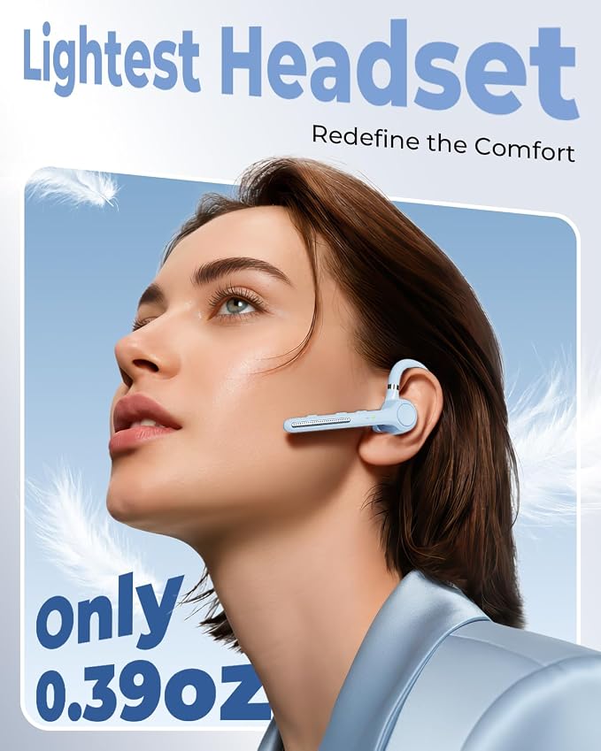 Ngsod Bluetooth Headset V5.4,USB Dongle Wireless Earpiece with Mic for Work | 500mAh Charging Case,50H Talk Time,Dual connect & Mute,ENC Noise Cancelling Lightest Headphones for Work Trucker,Light Blue - Image 3