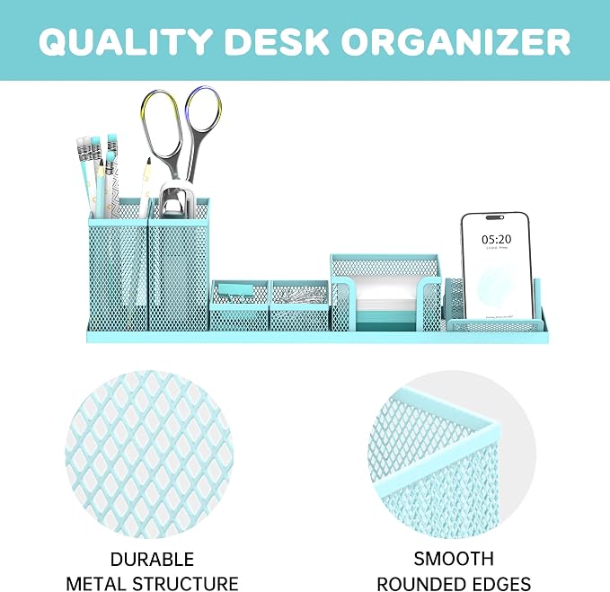 Pen Holder for Desk, 6-Piece Mesh Desk Organizer with Phone Holder, Blue | 6-Piece Black Mesh Desk Set Includes Pen Cups, a Sticky Note Caddy and Phone Holder for Office, School, Home - Image 4